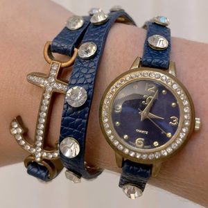 Charming Charlie wrap around blue anchor bracelet and watch.